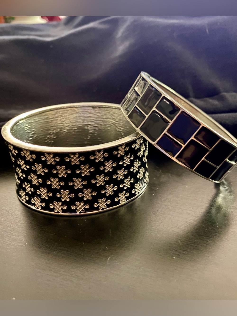 2 Silver-tone & Black Bracelet Cuffs Geometric